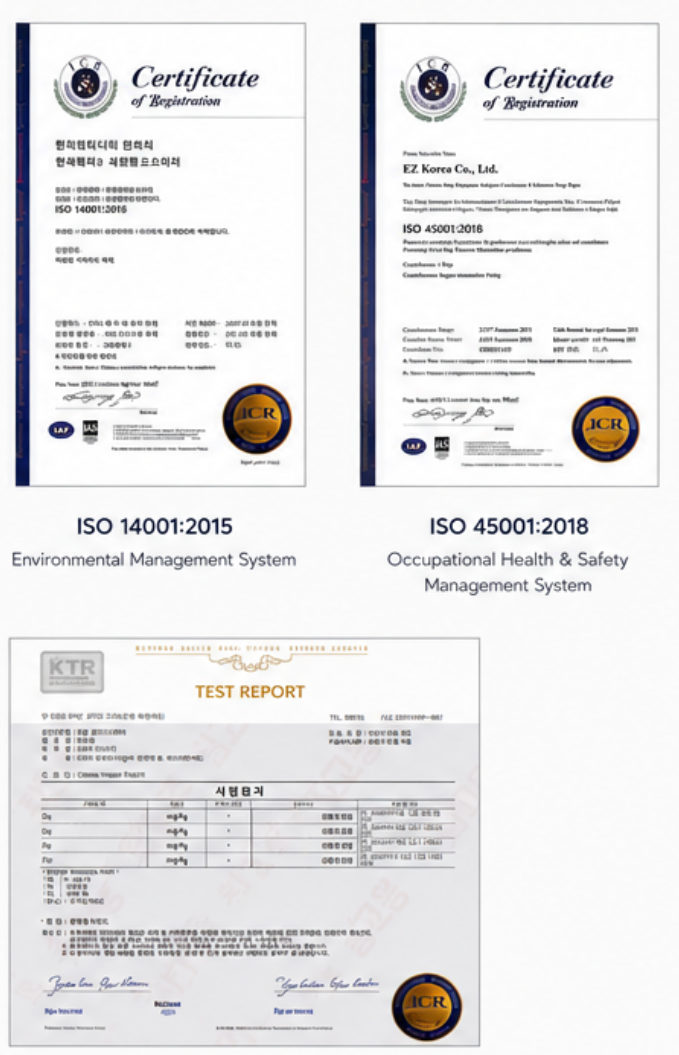 ISO 14001 and ISO 45001 certificates and KTR test report