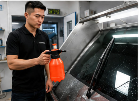 Technician spraying water on a windshield to test wiping